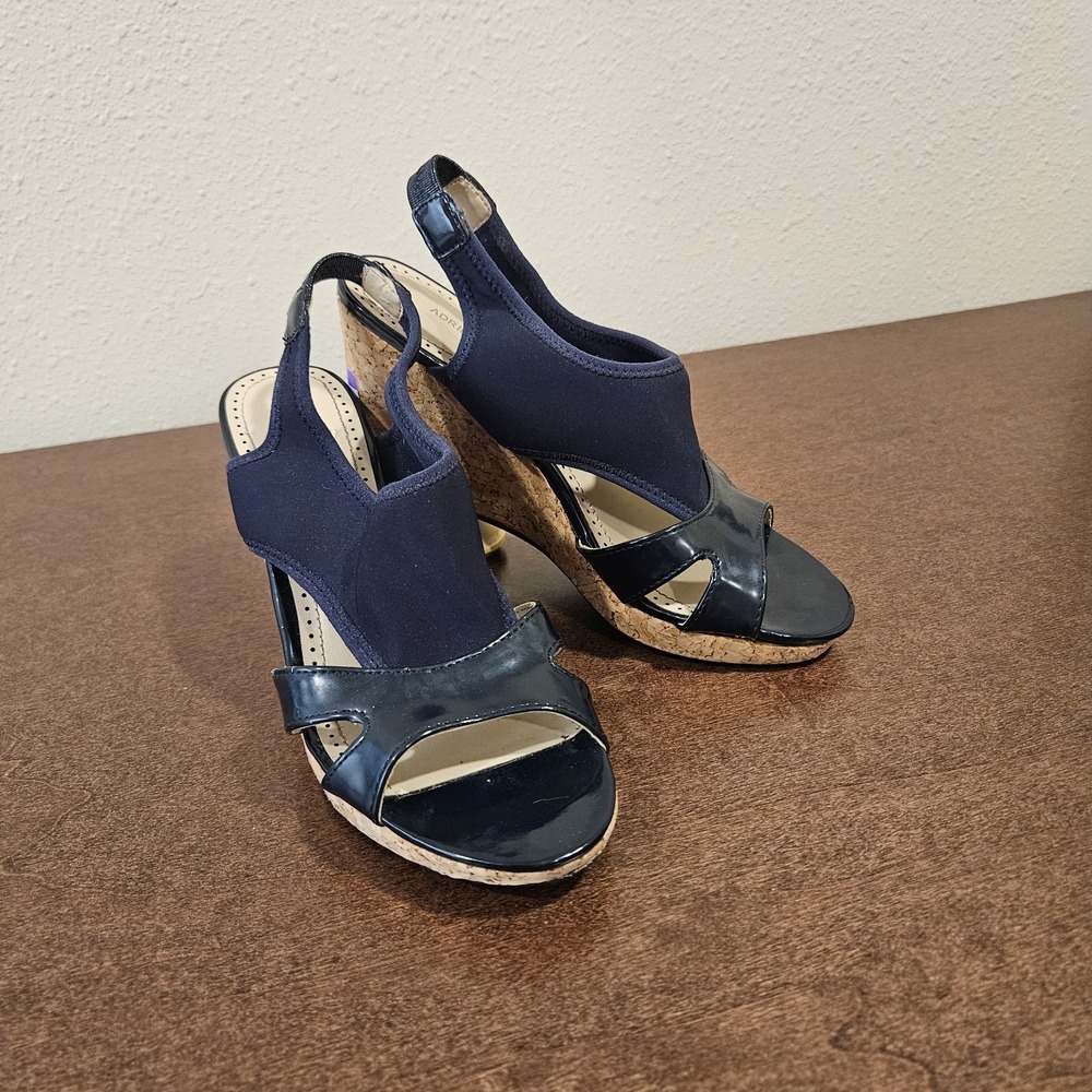 Adrienne Vittadini Navy Blue Cork Wedge Sandals Patent Leather Slingback 7.5